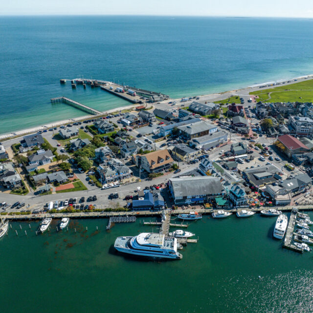 An aerial view of a harbor with boats docked.