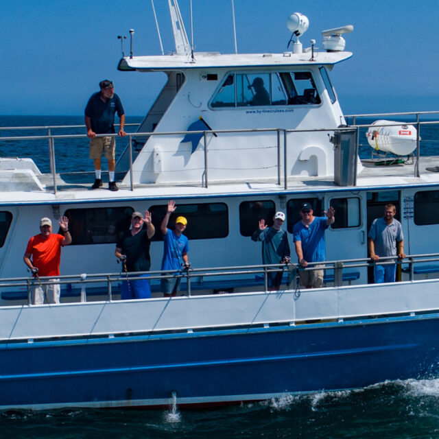 A blue and white boat.