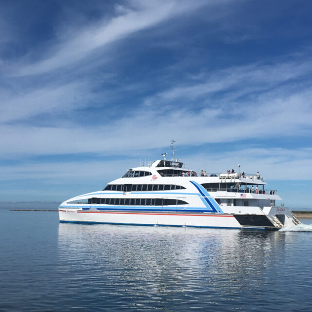 A white and blue boat in the water.